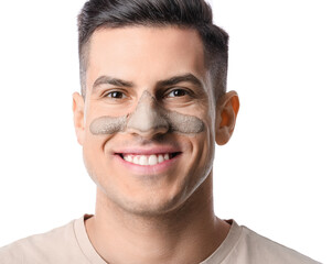 Handsome man with applied clay mask on white background, closeup