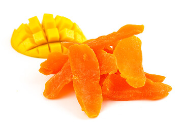 Fototapeta na wymiar Orange Candied Mango Strips Isolated on a White Background .