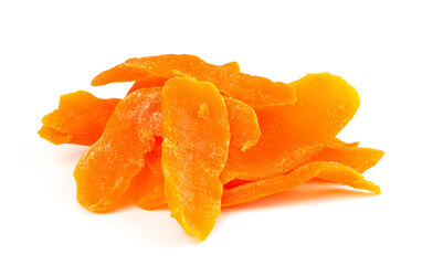 Fototapeta na wymiar Orange Candied Mango Strips Isolated on a White Background .