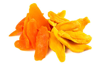 Orange Candied and Yellow Dehydrated Mango Strips Isolated on a White Background .