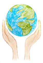 Children's drawing of the planet, earth in the hands. Child's drawing of the world. world peace illustration. Сhild drew picture of the earth in the palms