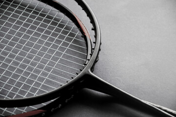 Badminton rackets on badminton indoor court floor, the upper racket is broken and has no string, soft and selective focus.