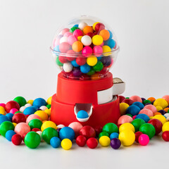A toy gum ball machine filled with and surrounded by gum balls.