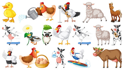 Many farm animals on white background