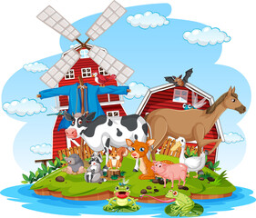 Farm scene with many animals by the barn