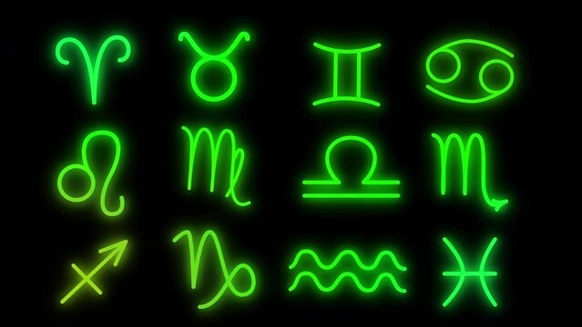 Zodiac symbols, astrology sign seamless loop animation. Black background.	Green zodiac signs animated.