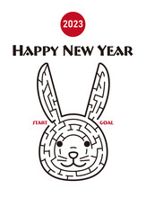 2023年卯年の年賀状　うさぎの顔の迷路イラスト（縦向き）