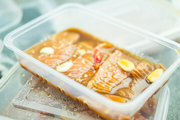 Salmon marinated shoyu or salmon pickled soy sauce in Korean style