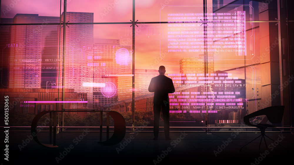 Poster a man writes code using virtual reality panel, 3d render.