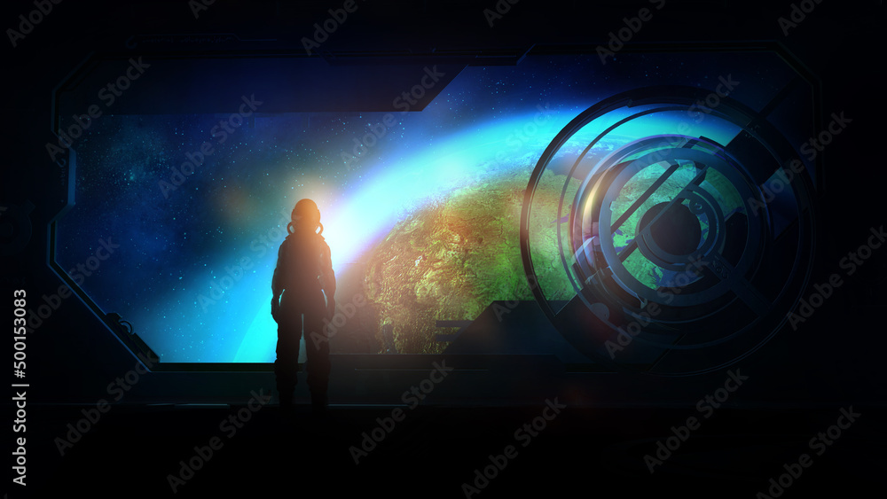 Poster astronaut in a spaceship orbiting the earth, 3d render.