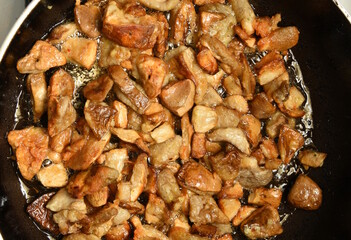 mushrooms fried with goldene apples sliced on a white plate in Bistrita,Romania