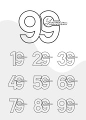 Set of Anniversary outline logotype silver and gold color with black background for celebration