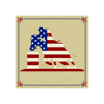 A rodeo cowgirl barrel racer silhouette with an American flag.