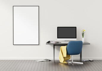 Blank computer screen and various items on desktop workspace with picture frame in home office room. 3D renering illustration.