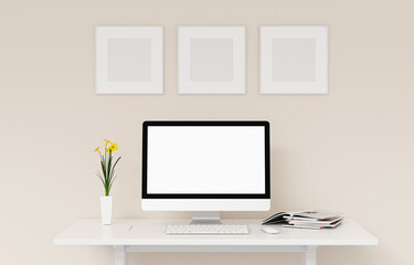 Blank computer screen and various items on desktop workspace with picture frame in home office room. 3D renering illustration.