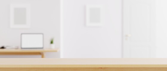 Wood desktop workspace with blurred background at home office. 3D renering illustration.