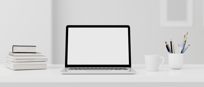Blank computer laptop screen and various items on desktop workspace in home office room. 3D renering illustration.