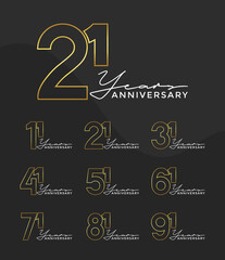 Fototapeta na wymiar Set of Anniversary outline logotype silver and gold color with black background for celebration