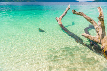 Beach and sea view on Lipe island, Satun Province, Thailand, andaman sea where you can watch the sunrise and sunset on the same beach.