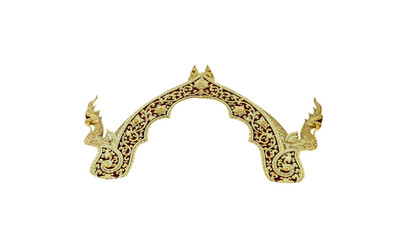 Decorative gold gable temple with serpent king statue (naga) isolated on white background , clipping path