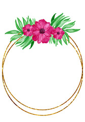 The frame is gold with a cute watercolor bouquet of spring flowers. Suitable for greeting cards,invitations,design works,crafts and hobbies.