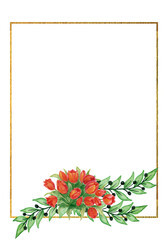 Obraz premium The frame is gold with a cute watercolor bouquet of spring flowers. Suitable for greeting cards,invitations,design works,crafts and hobbies.
