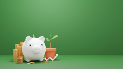 Piggy bank and gold coin on green background with copy space Saving concept 3D render