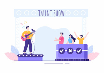 Talent Show with Contestants Displaying their Skill on Stage or Podium in Front of Judges Judging them in Cartoon Illustration