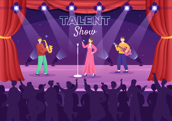 Talent Show with Contestants Displaying their Skill on Stage or Podium in Front of Judges Judging them in Cartoon Illustration