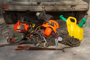 Tree surgeon. Working with a chainsaw. Sawing wood with a chainsaw.	