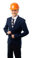 Portrait of a man in a blue business suit with a tie and helmet. builder, foreman, engineer, entrepreneur, businessman. isolated. White background.
