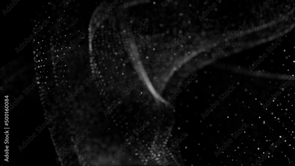 Poster Digitally generated motion graphic mysterious dark energy and evil abstract particles flowing in the cyber Abyss, technology de-focus metaverse background