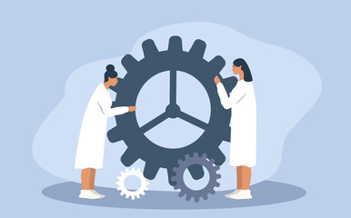 vector illustration in flat style - two women in white coats work with gears