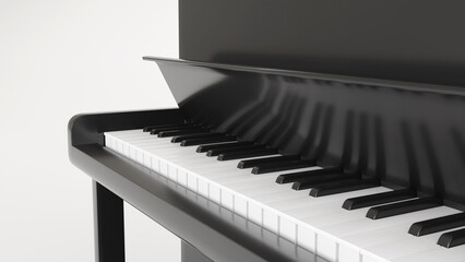 Close-up Classic Black Piano on white background. 3D Rendering.