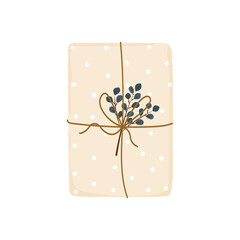 gift clip art. Handmade surprise is packed in craft paper, tied with  rope and decorated with plant branch. Isolated object on white background. Vector illustration, hand drawn