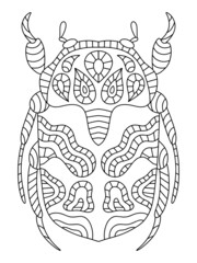 Hand-drawn fantasy beetle colouring book page for adults vector illustration. Cartoon ornamental insect black outline white isolated. Funny decorative wildlife bug hand-drawn linear illustration