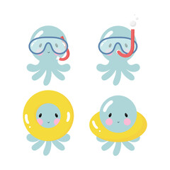 Set of cute Octopuses. Vector illustration in cartoon style. Sea characters.