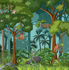 Forest scene with various wild animals