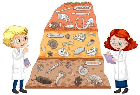 Fossil in soil layers with children cartoon character