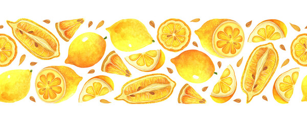 Ripe lemons seamless watercolor border. Whole garden citrus, half, slice. Tropical fruit with sour pulp, zest, seeds. Summer exotic pattern. Hand drawn seasonal illustration
