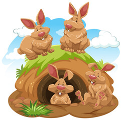 Group of rabbits with animal burrow - obrazy, fototapety, plakaty