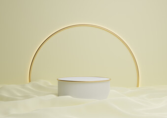 Pastel, light, citrus yellow 3D rendering luxurious product display podium or stand minimal composition with golden arch line in background and light
