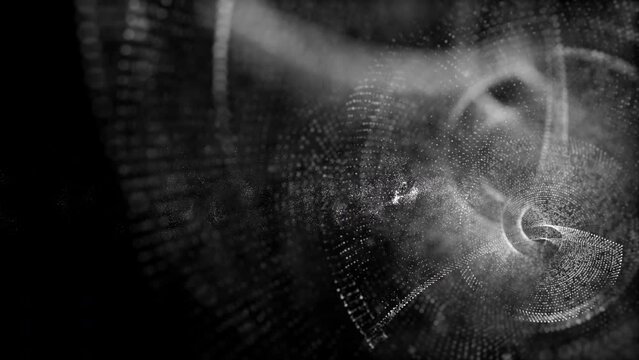 Digitally generated motion graphic mysterious dark energy and evil abstract particles flowing in the cyber Abyss, technology de-focus metaverse background
