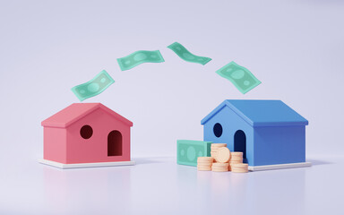 Cartoon minimal stack coins and banknotes floating with Two home transfer money concept. finance support real estate business investment, savings, budget, 3d render illustration