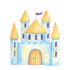 Watercolor colorful textured illustration of castle in fairy tale. Hand painted cute illustration for kids isolated on white background