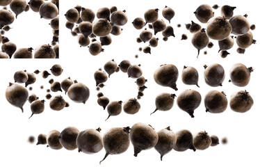 A set of photos. Ripe beets levitate on a white background