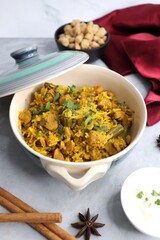 Soya chunks Biryani. Basmati rice cooked with Soyabean or Soya vadi along with spices and vegetables. It's a complete protein rich and nutritious one pot meal. Copy space
