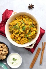 Soya chunks Biryani. Basmati rice cooked with Soyabean or Soya vadi along with spices and vegetables. It's a complete protein rich and nutritious one pot meal. Copy space
