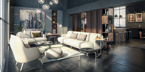 Furnishing Inside a Modern Style Penthouse Loft - panoramic 3D Visualization