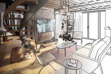 Attic Loft Conversion With Spiral Staircase & Home Cinema (draft) - 3d visualization